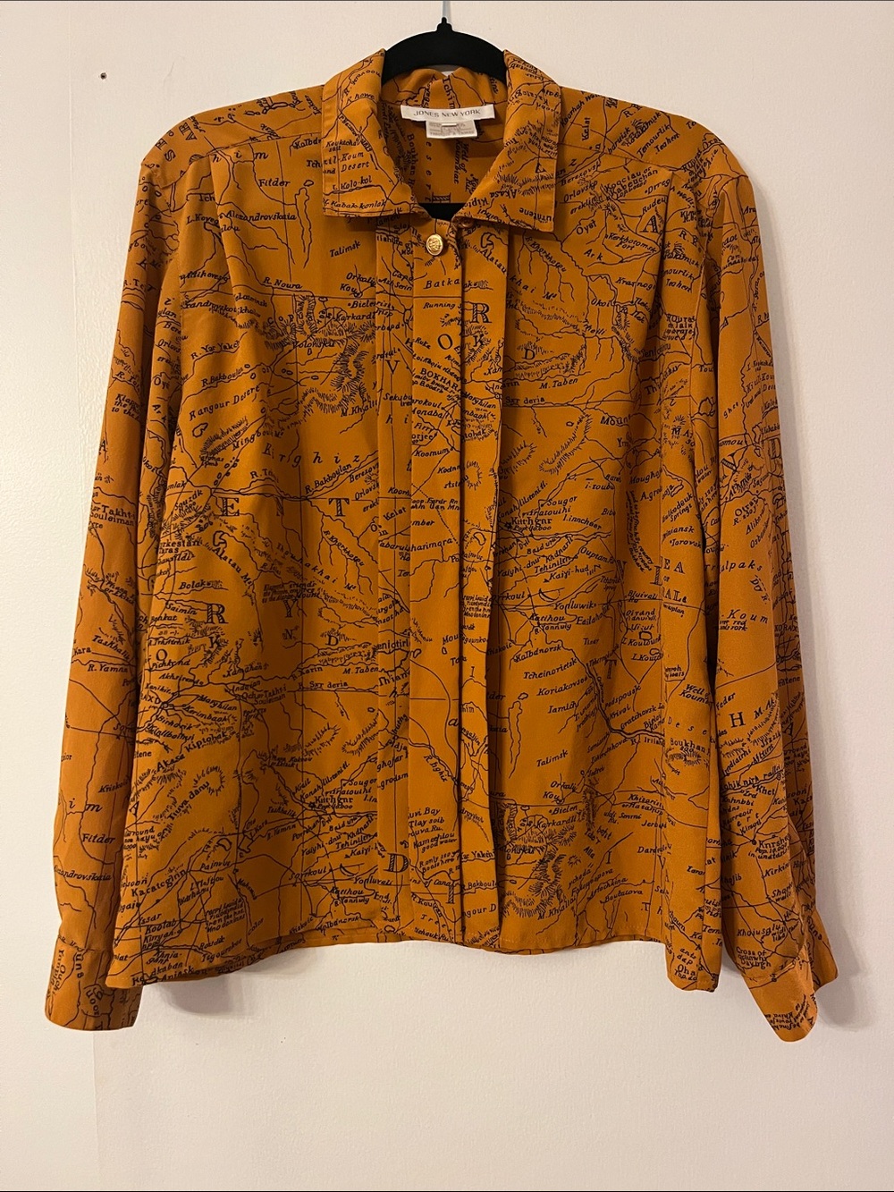 Vintage Jones New York Mustard Yellow Map-Print Button-Front Blouse